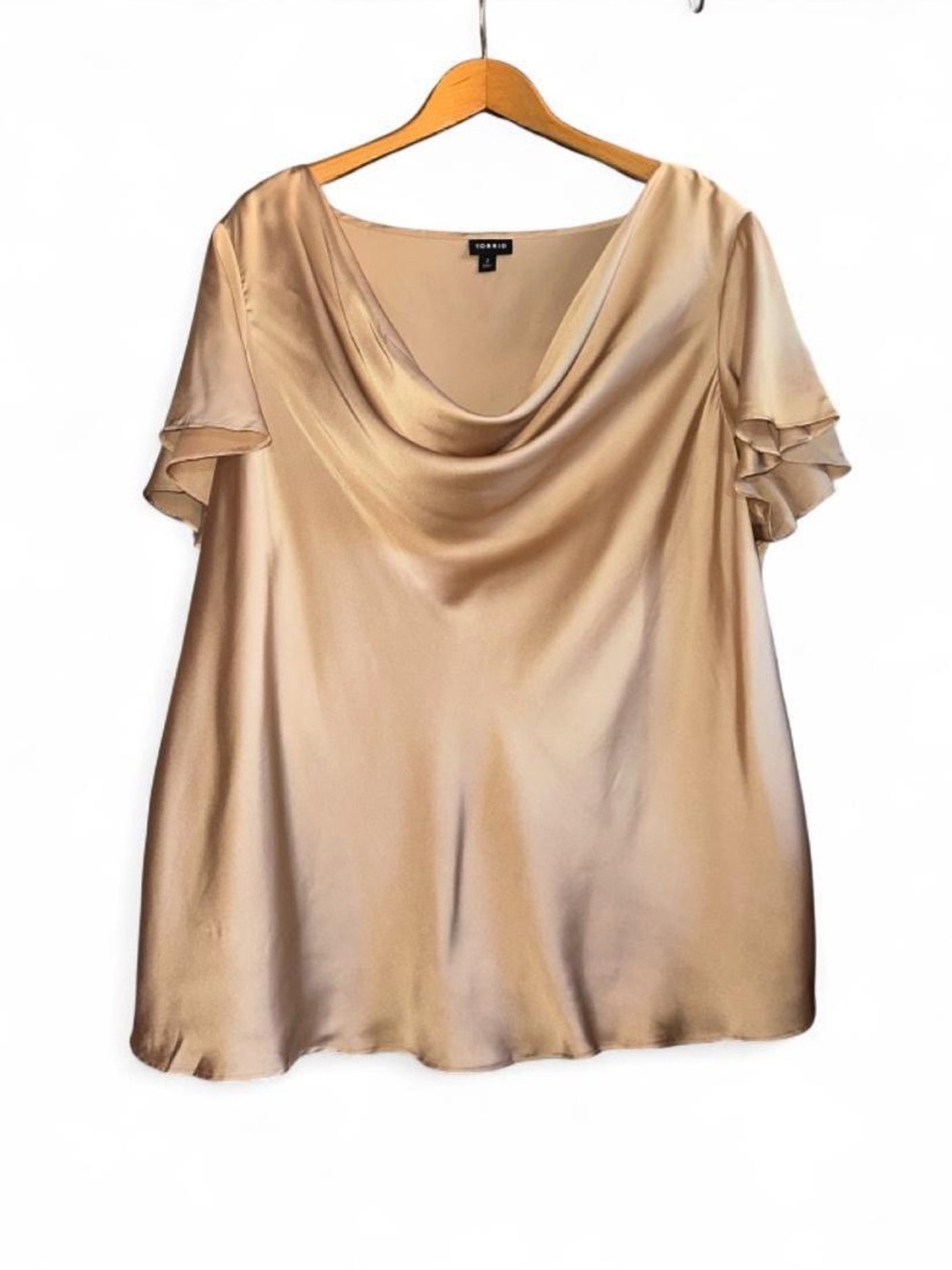 Torrid Satin Blouse Cowlneck Short Sleeve Tan Gold Camel Plus Size 2 2X 18 20